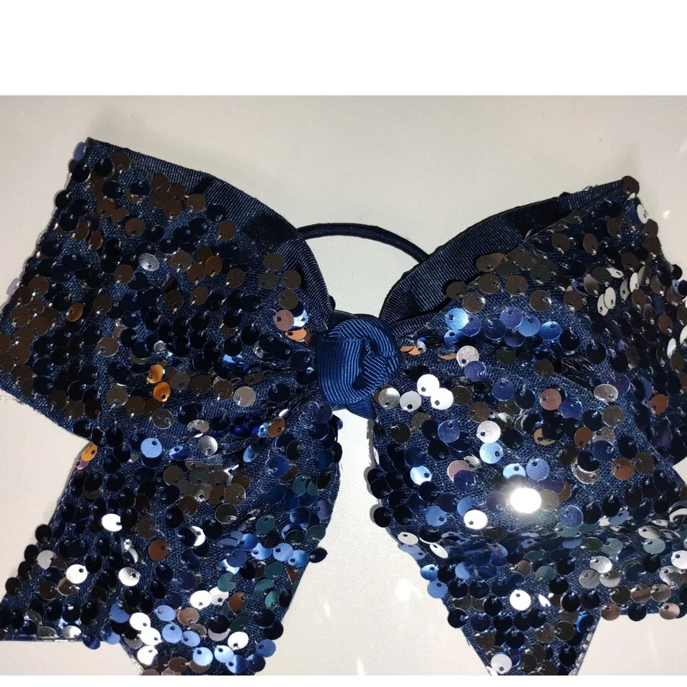 Sparkly Navy Blue Sequin Denim‎ Bow Hair Clip with Custom Name 